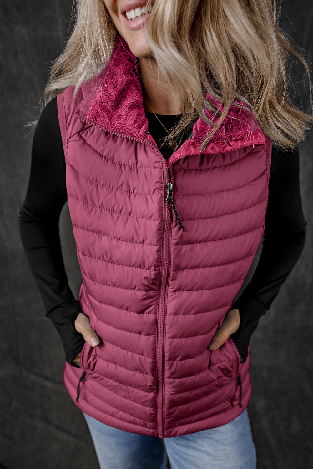 Burgundy Plush Collared Quilted Zipped Puffer Vest - Little Miss Vanilla