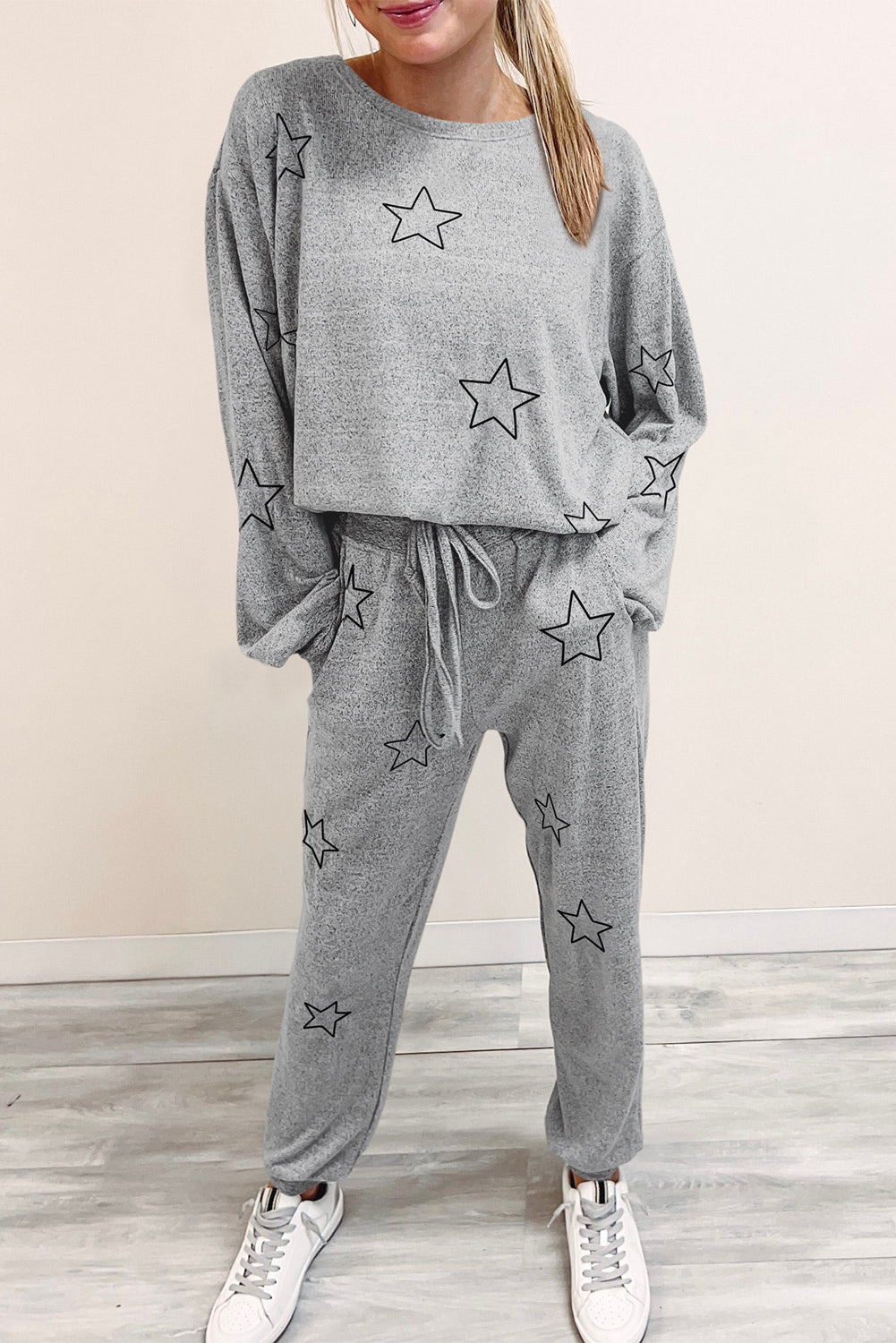 Gray Stars Print Long Sleeve Drawstring High Waist Lounge Set - Little Miss Vanilla