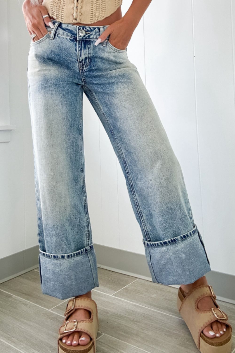 Washed Wide Leg Jeans with Pockets - Little Miss Vanilla