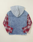 Beau Blue Plaid Print Patchwork Hooded Raw Hem Denim Jacket