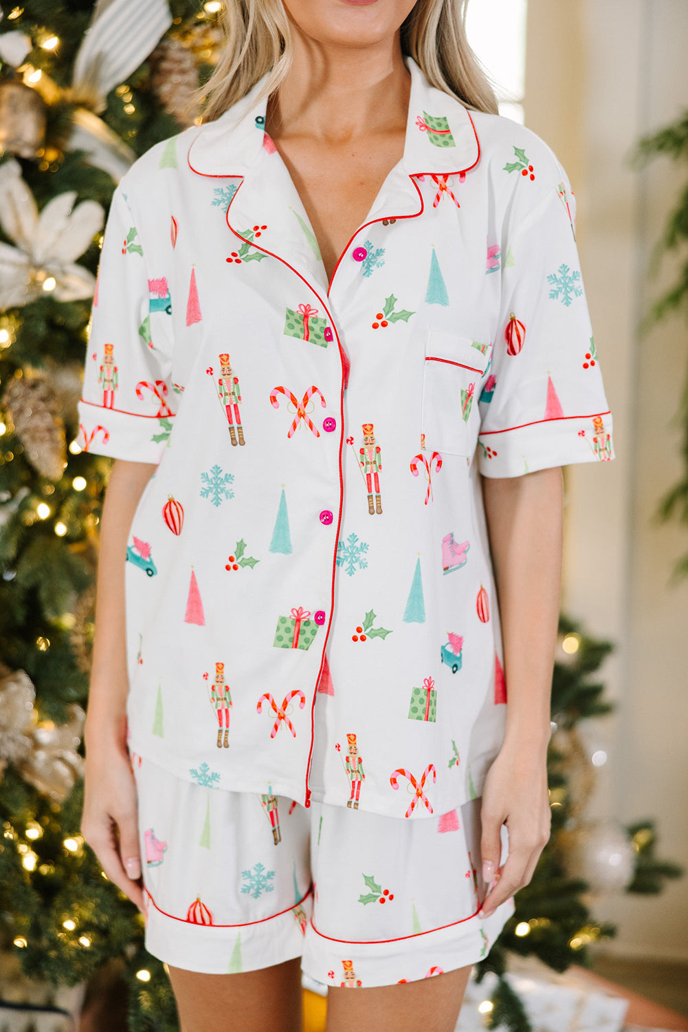 White Christmas Print Short Sleeve Shirt and Shorts Pajama Set - Little Miss Vanilla