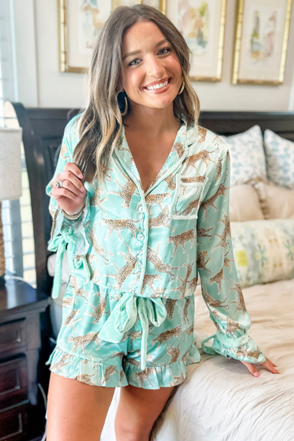 Green Leopard Satin Ruffle Pajama Short Set - Little Miss Vanilla