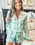 Green Leopard Satin Ruffle Pajama Short Set - Little Miss Vanilla