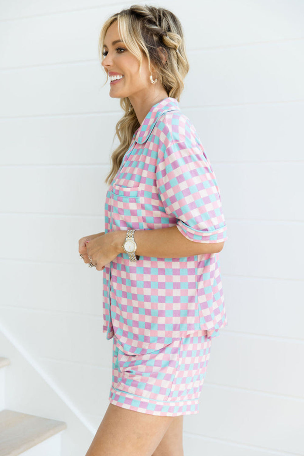 Purple Checkered Pattern Short Sleeve Pajamas Set - Little Miss Vanilla