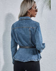 Peplum Collared Neck Long Sleeve Denim Top - Little Miss Vanilla