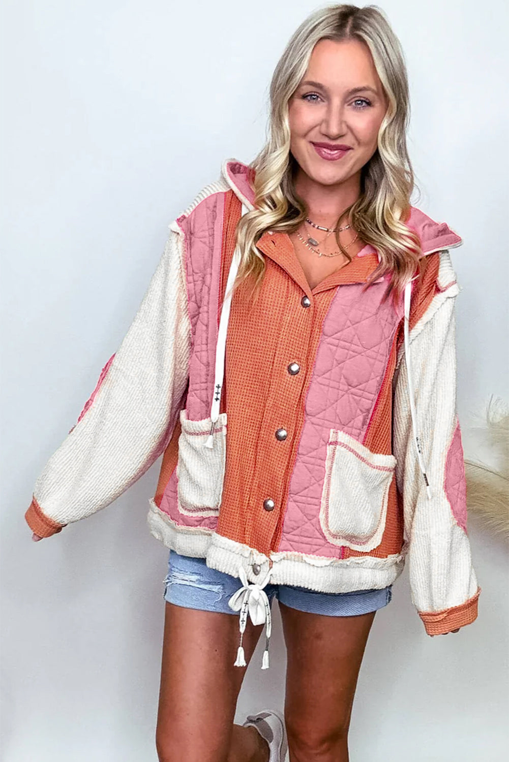 Coral Quilted Textured Patchwork Loose Fit Hooded Jacket - Little Miss Vanilla