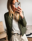 Sage Green Solid Faux Leather Zipper Slim Fit Bomber Jacket