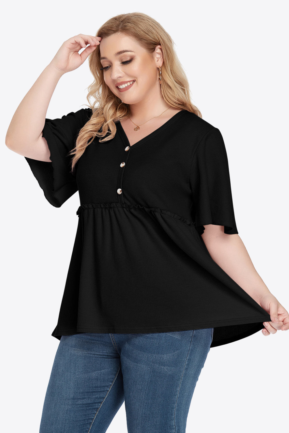 Plus Size Buttoned V-Neck Frill Trim Babydoll Blouse - Little Miss Vanilla