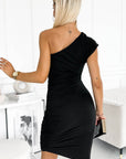 Black One-shoulder Short Sleeve Ruched Bodycon Dress - Little Miss Vanilla