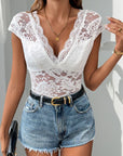 Perfee Lace Backless V-Neck Cap Sleeve Bodysuit - Little Miss Vanilla