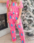 Rose Christmas Tree Print V Neck Tee and Pants Lounge Set - Little Miss Vanilla