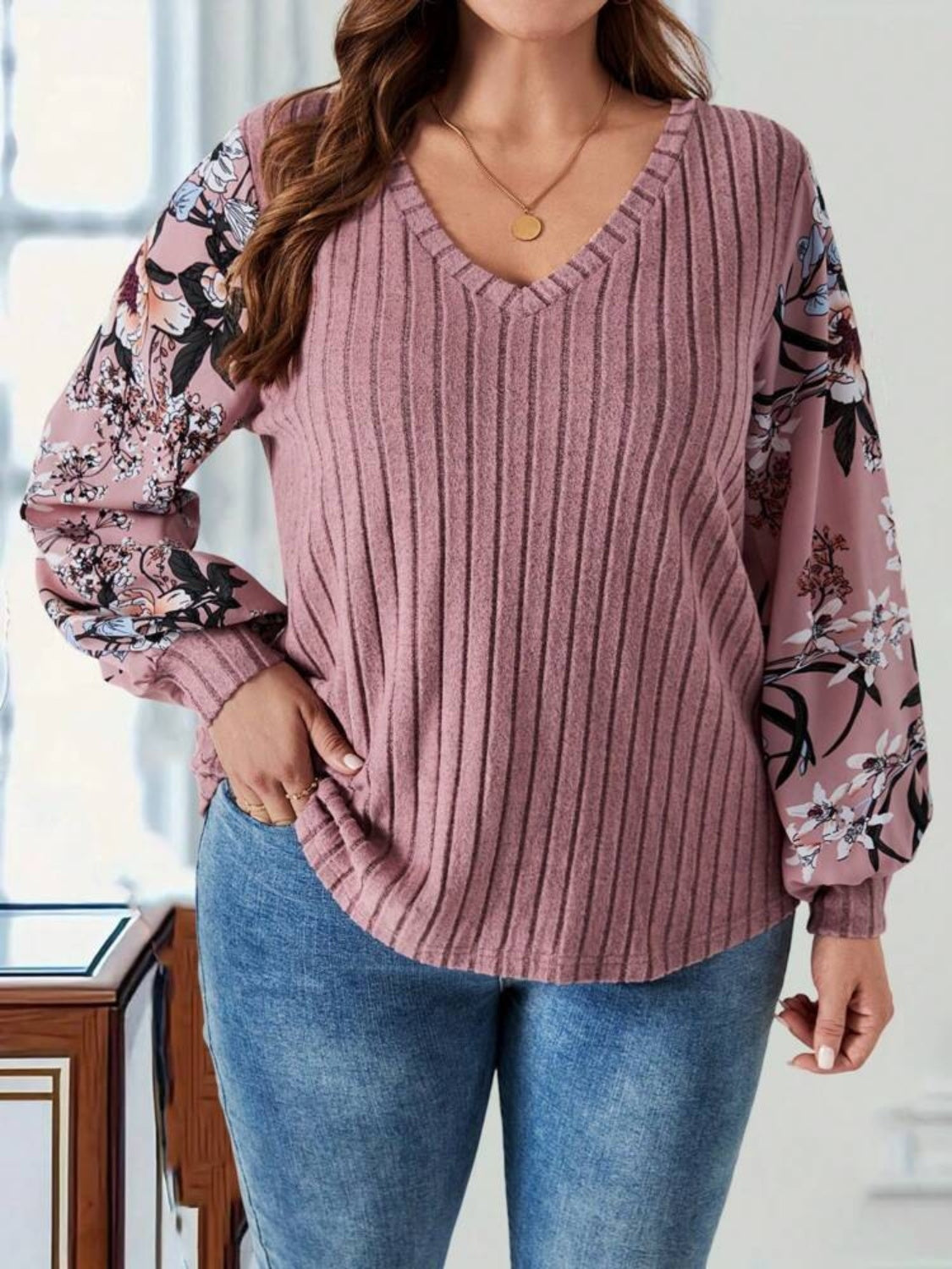 Plus Size Printed V-Neck Long Sleeve T-Shirt - Little Miss Vanilla