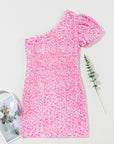 Pink Sequin One Shoulder Puff Sleeve Bodycon Mini Dress - Little Miss Vanilla