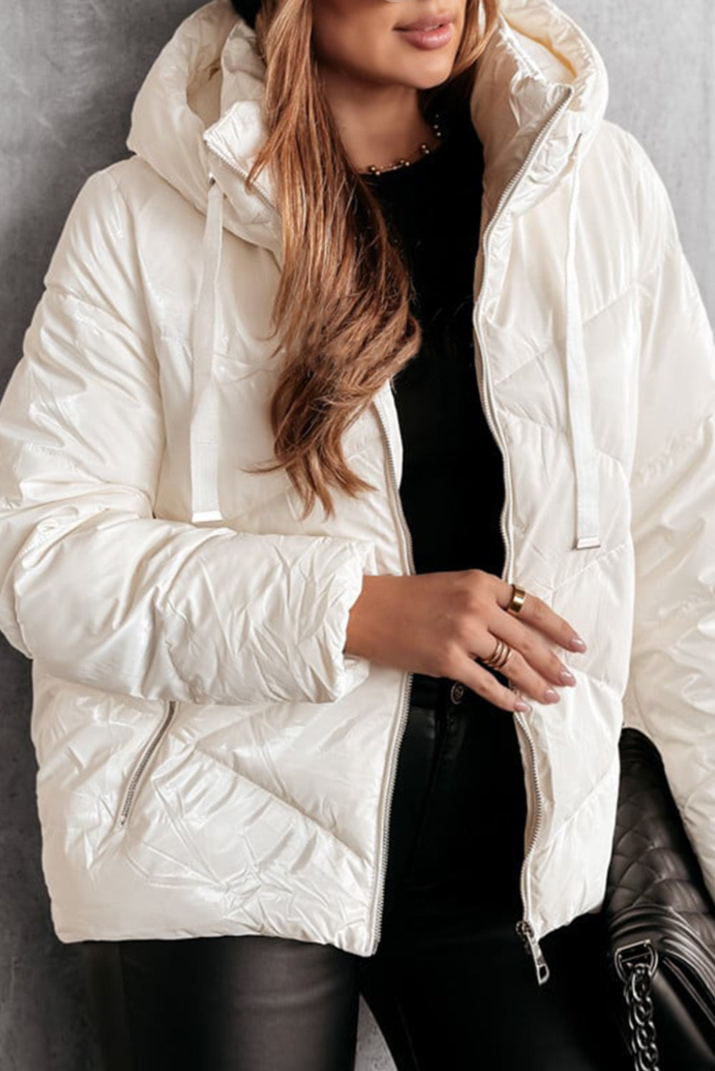 White Solid Quilted Hooded Zip Up Puffer Coat - Little Miss Vanilla