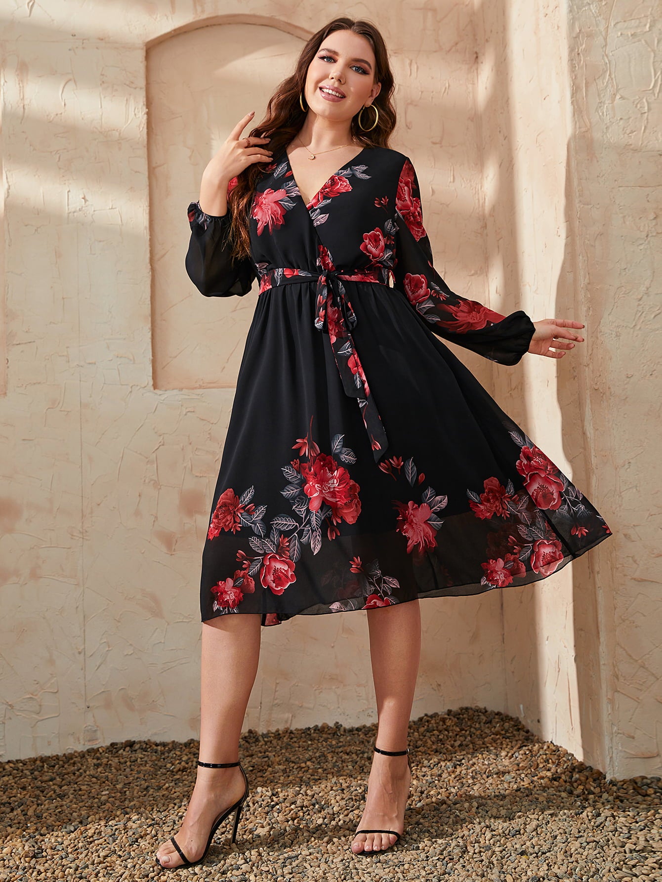 Honey Plus Size Floral Surplice Neck Tie Waist Dress - Little Miss Vanilla