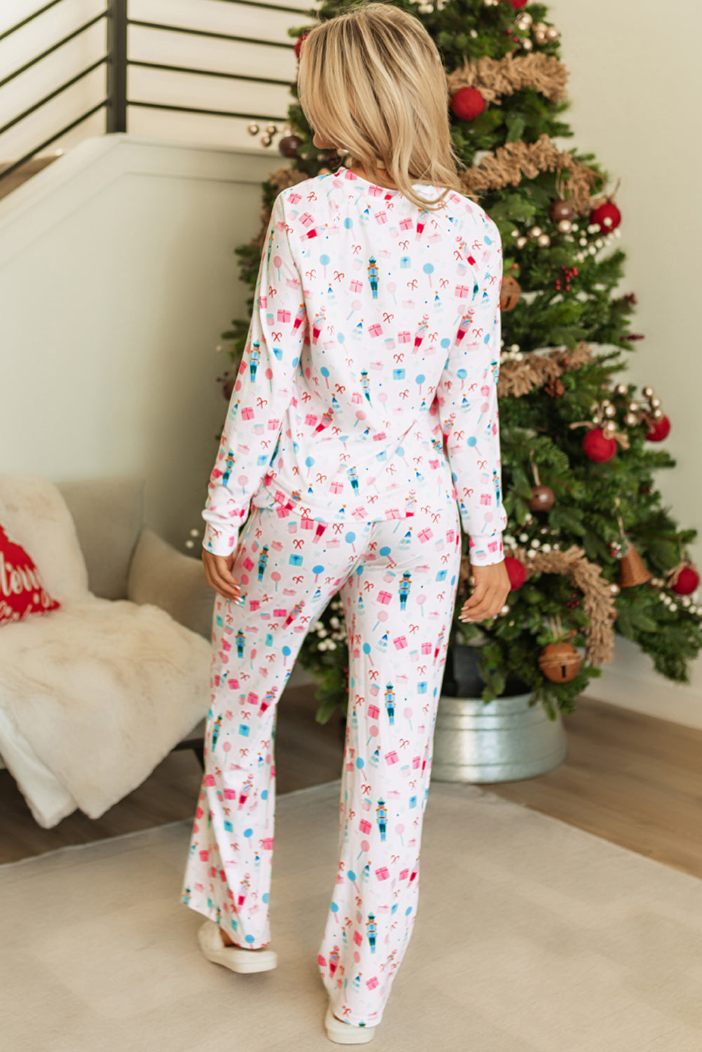 White Christmas Pattern Long Sleeve Top and Wide Leg Pants Set - Little Miss Vanilla