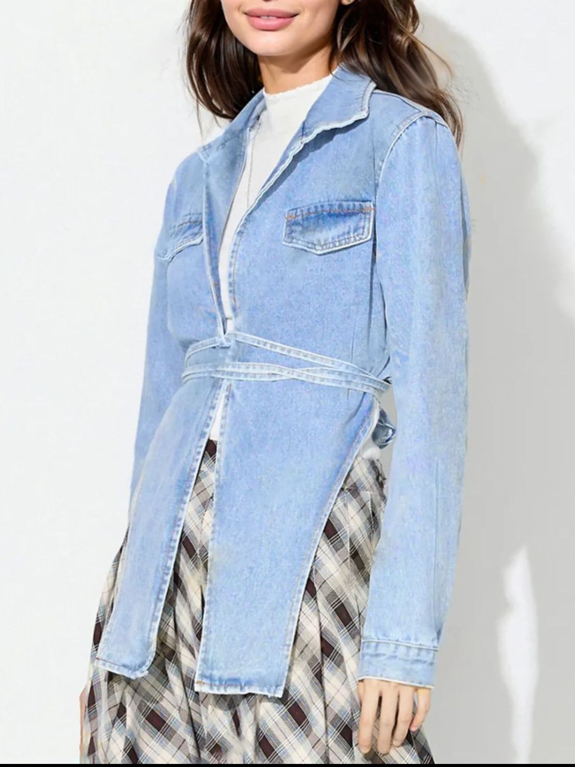 Asymmetric Slit Collared Neck Long Denim Top - Little Miss Vanilla