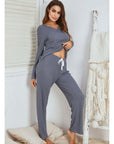 Women in gray waffle long sleeve pajamas, showcasing casual and comfortable homewear style.