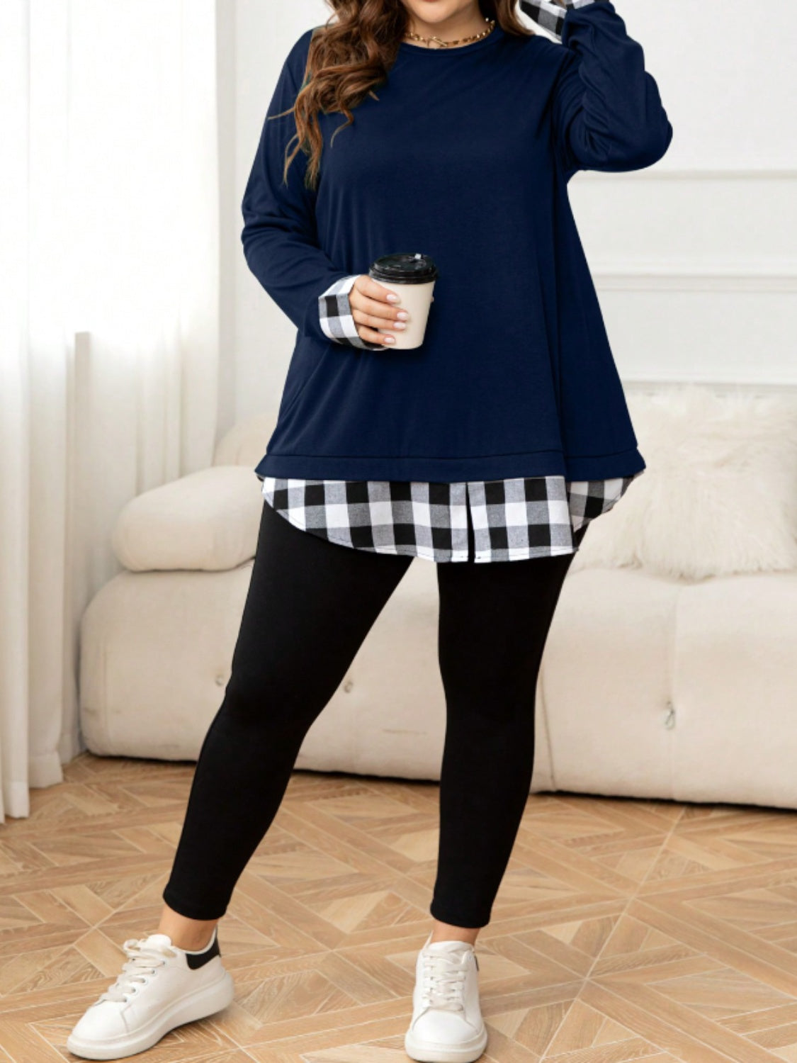 Plus Size Plaid Hem Round Neck Long Sleeve Sweatshirt - Little Miss Vanilla