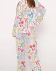 White Bow Knot Print Lapel Collar Wide Leg Satin Pajama Set - Little Miss Vanilla