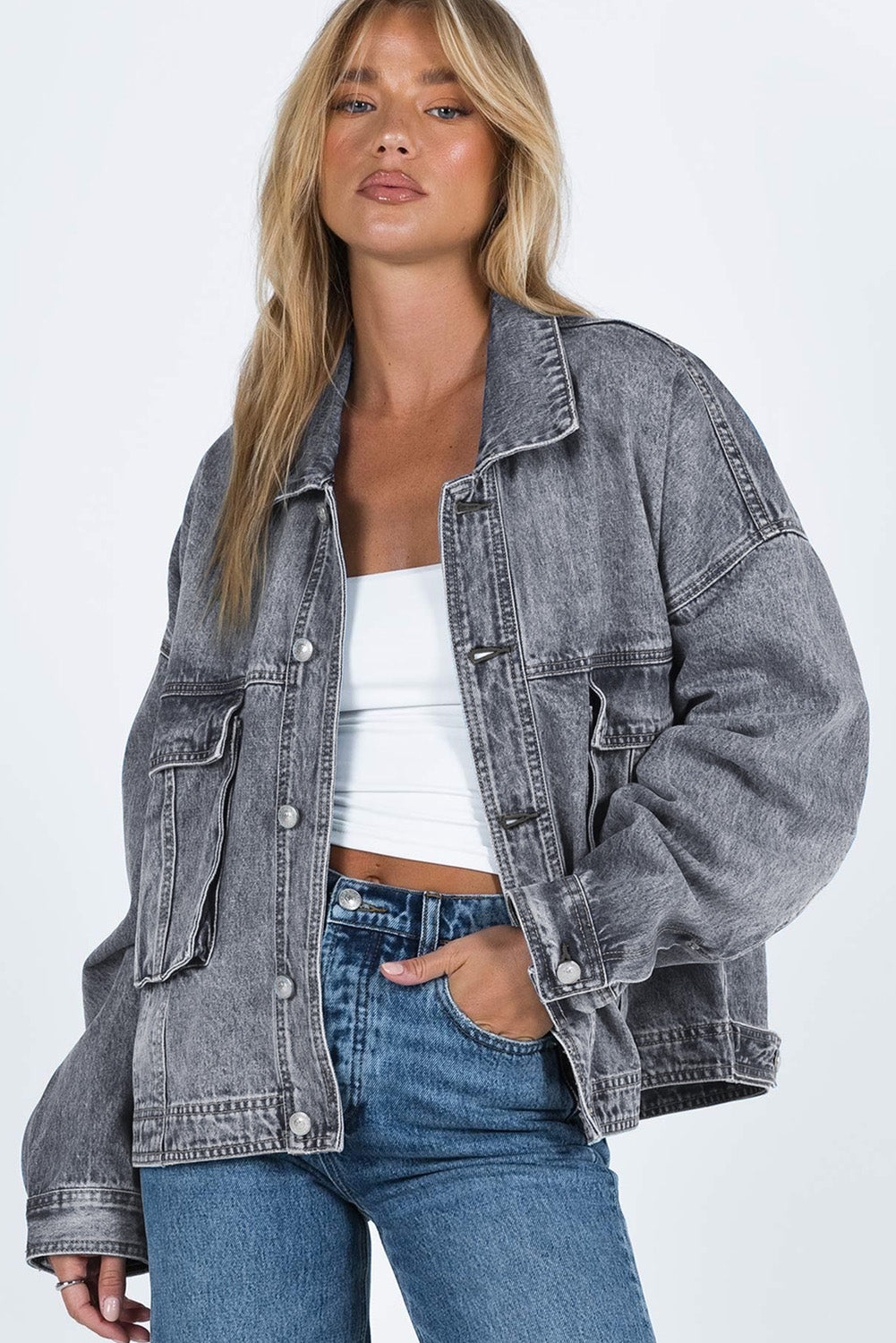 Gray Chest Pockets Drop Shoulder Loose Denim Jacket - Little Miss Vanilla