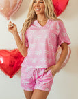 Pink Waffle Knit Bowknot Printed V Neck T Shirt and Shorts Set - Little Miss Vanilla