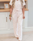 Beige Cheetah V Neck Tee and Pants Lounge Set