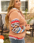 Plus Size Drawstring Geometric Long Sleeve Hoodie - Little Miss Vanilla