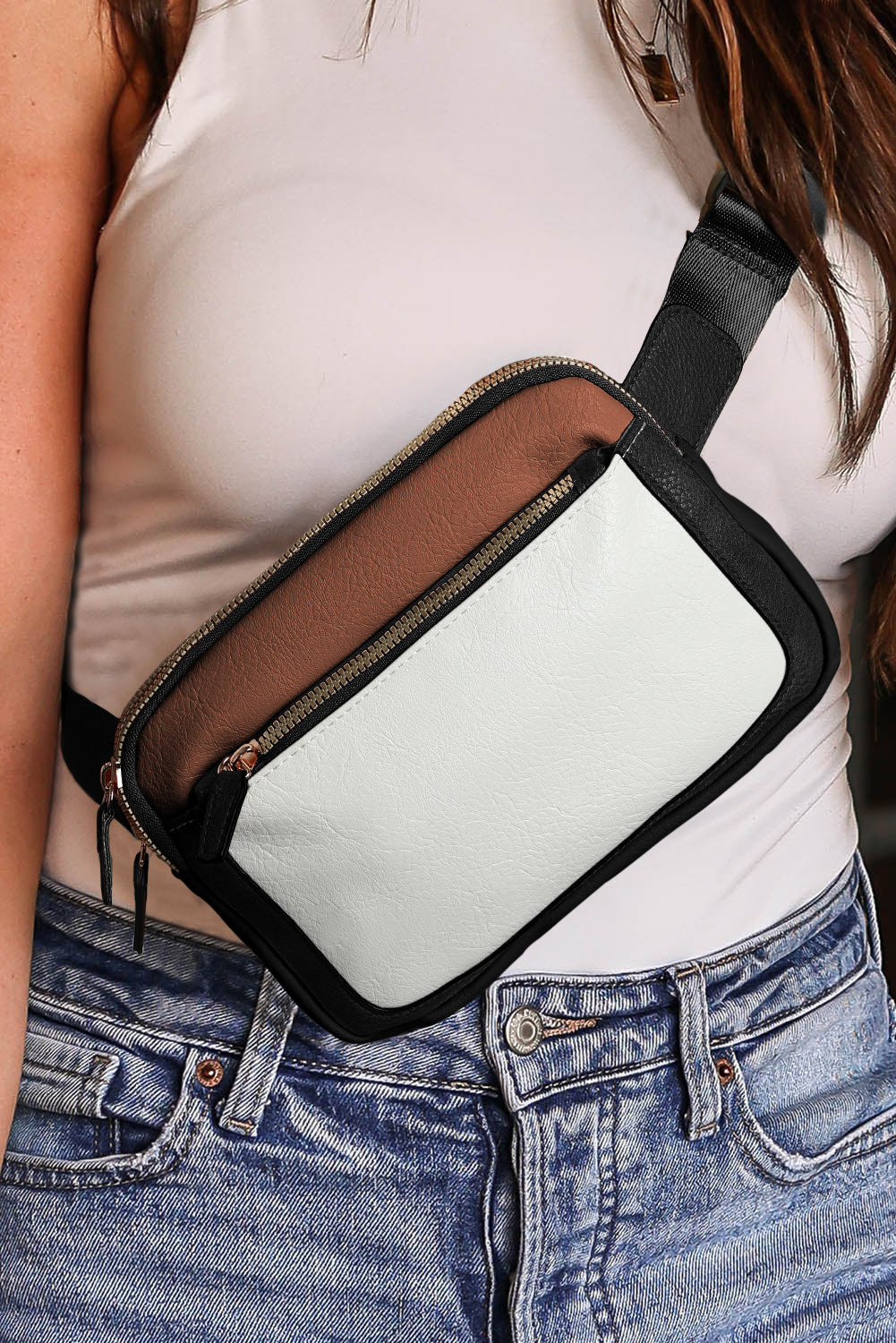 White Leather Colorblock Zipped Removable Clip Crossbody Bag - Little Miss Vanilla