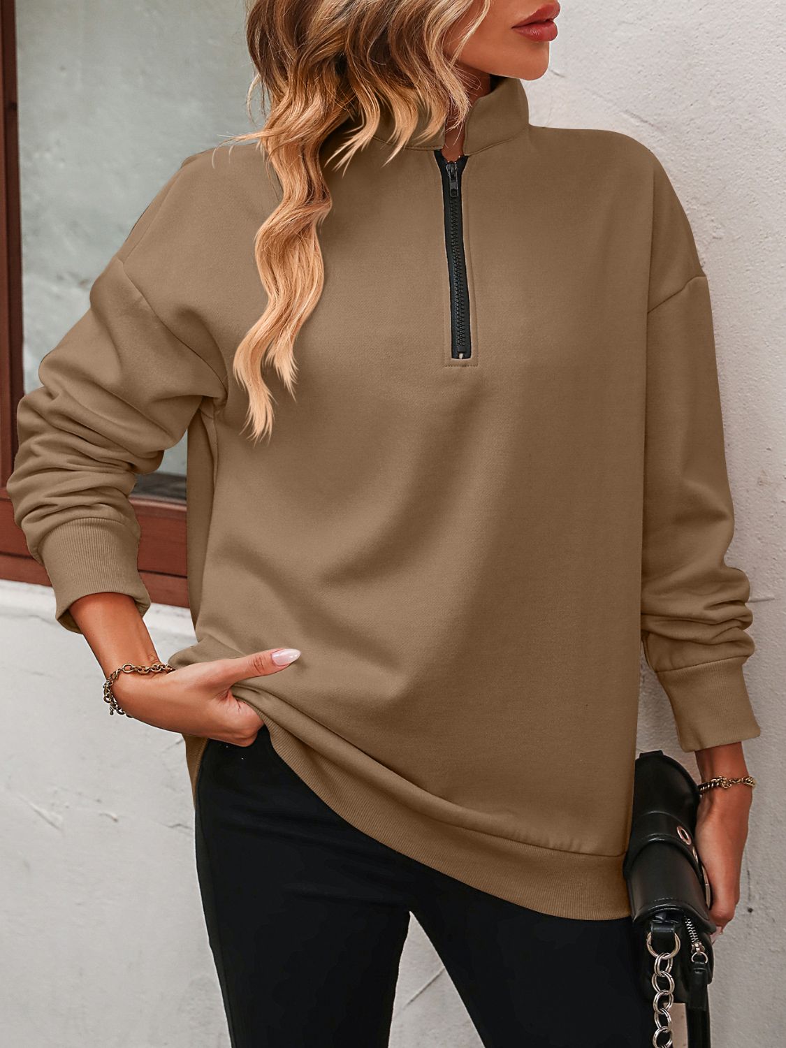 Mandy Zip-Up Dropped Shoulder Sweatshirt - Little Miss Vanilla