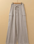 Beige Boho Linen Drawstring Waist Raw Edge Cargo Loose Pants