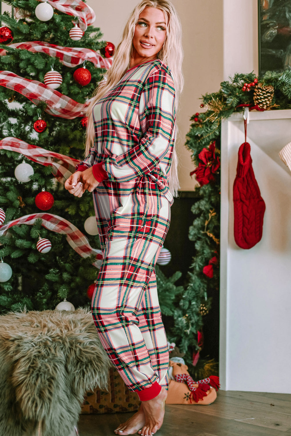 Red Christmas Plaid Allover Top and Pants Lounge Set - Little Miss Vanilla