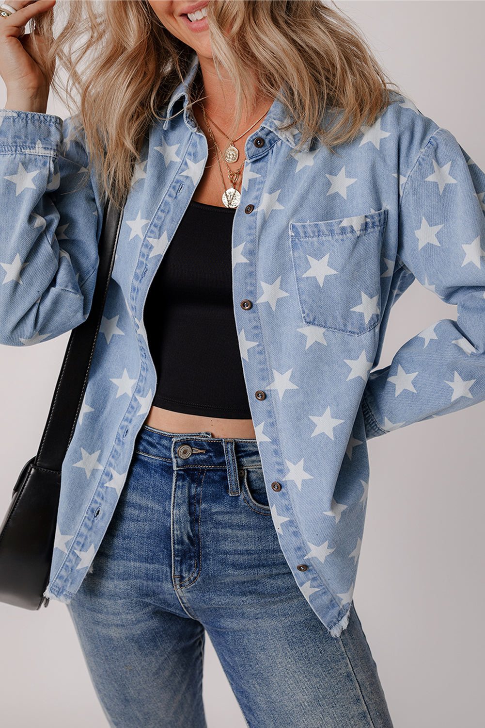 Sky Blue Star Print Light Wash Raw Hem Denim Jacket - Little Miss Vanilla