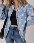 Sky Blue Star Print Light Wash Raw Hem Denim Jacket - Little Miss Vanilla