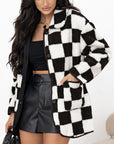 Black Checkered Side Pockets Collared Buttoned Fleece Jacket