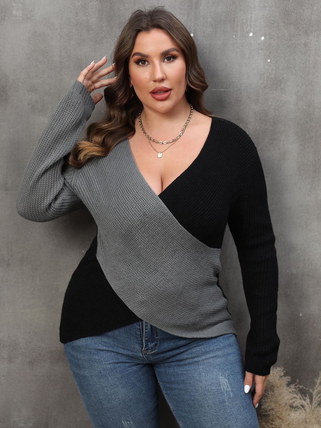 Plus Size Two-Tone Surplice Neck Sweater - Little Miss Vanilla