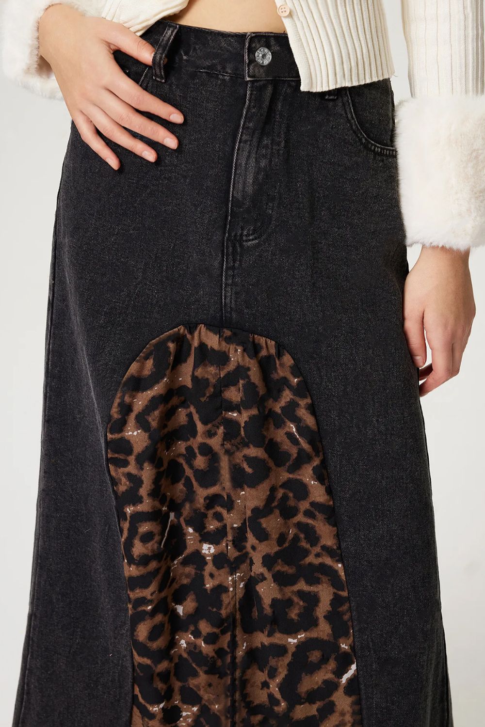 Slit Leopard Midi Denim Skirt - Little Miss Vanilla