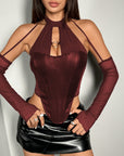 PU Leather Chest-wrapped Stitching Oversleeve Halter Lace-up Fishbone Top