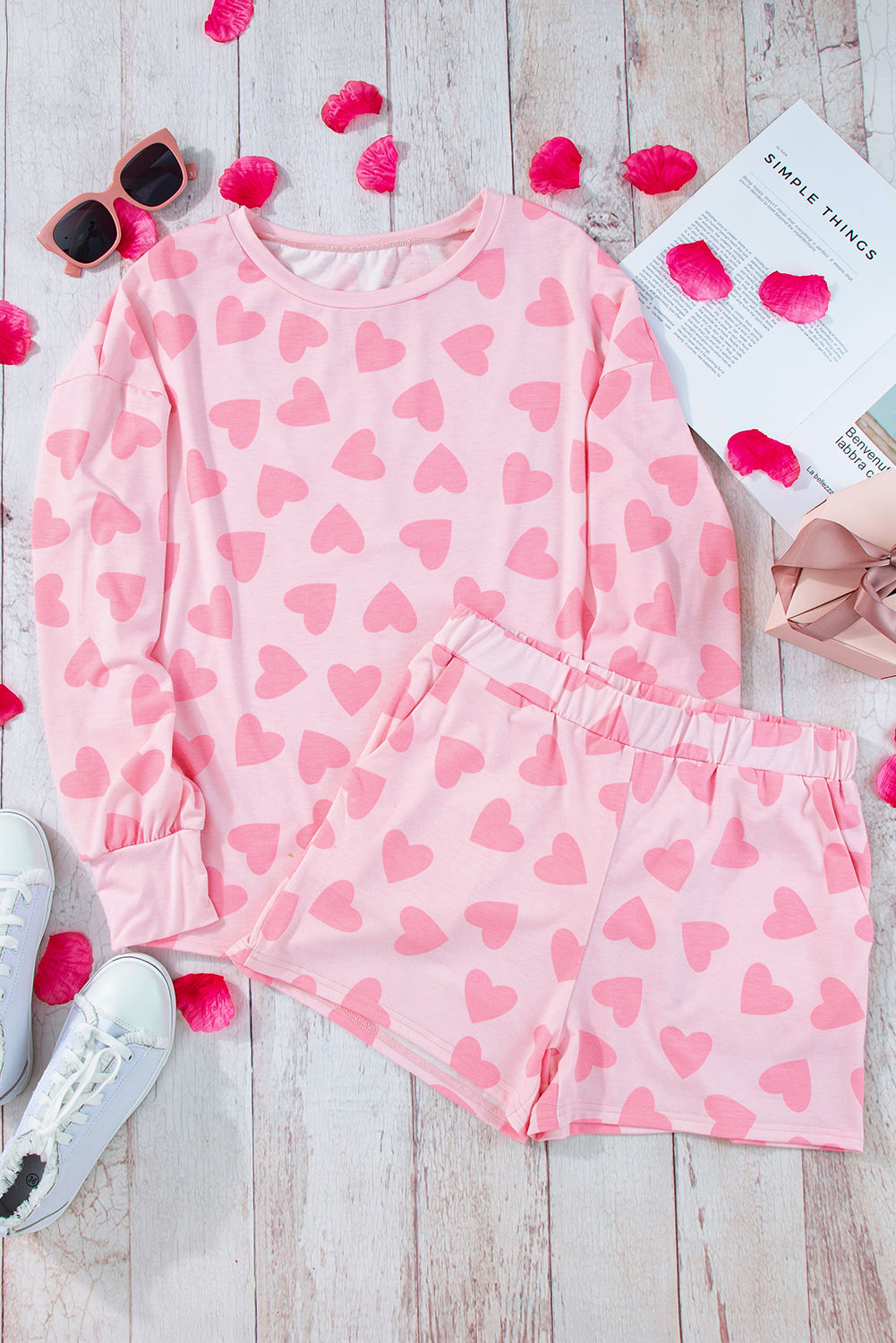 Pink Valentine Heart Shape Print Long Sleeve Top Shorts Lounge Set - Little Miss Vanilla