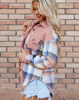 Light Pink Plaid Corduroy Patchwork Chest Pocket Shacket