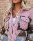 Pink Western Aztec Print Sherpa Splicing Buttoned Flap Pocket Coat - Little Miss Vanilla