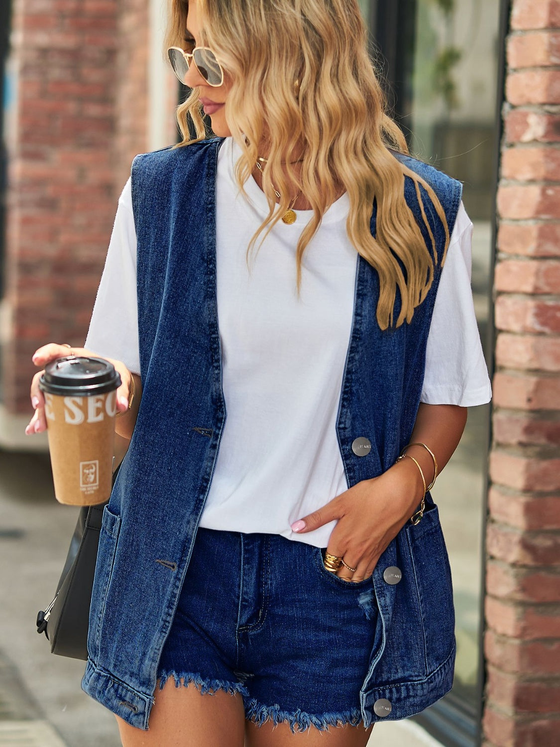 Full Size V-Neck Button Up Denim Vest - Little Miss Vanilla