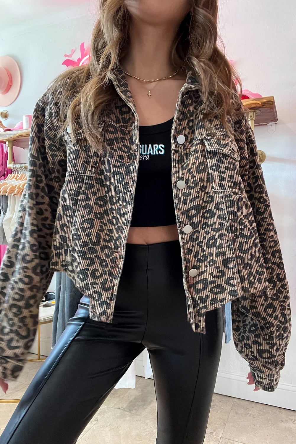 Dark Khaki Leopard Print Corduroy Irregular Hem Buttoned Jacket - Little Miss Vanilla