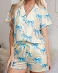 Yellow Bow Printed Short Sleeve Shirt Shorts Pajama Set