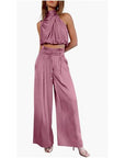 Summer Suits Casual Sleeveless Midriff-baring Top And Wide Leg Pants 2pcs Set Womens Clothing