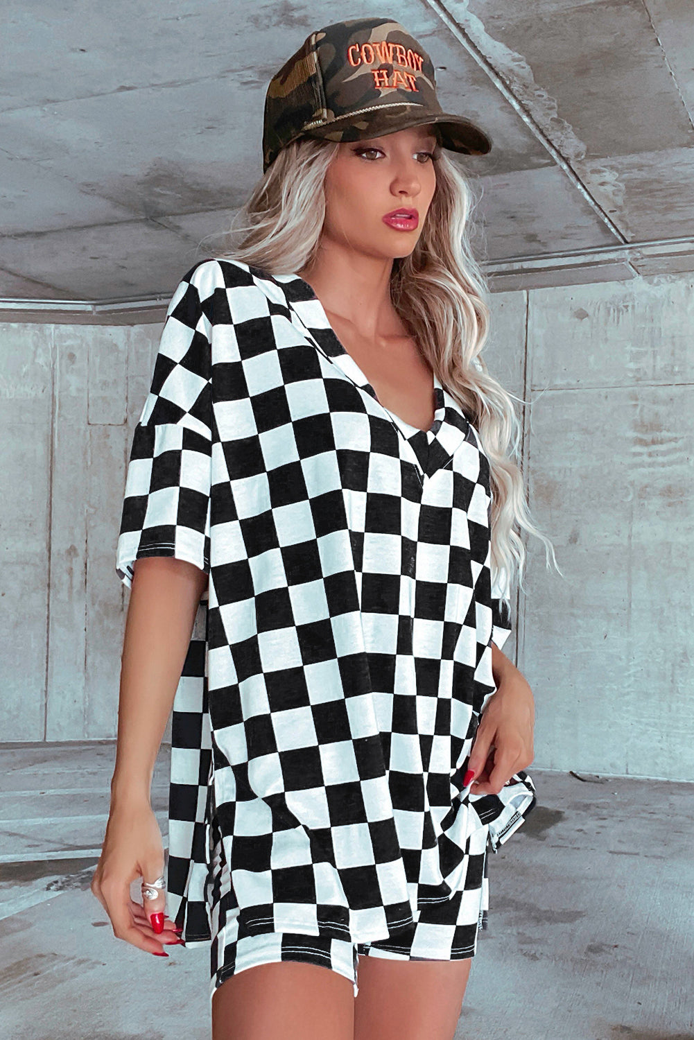 Black Checkerboard Print V Neck Loose Tee and Shorts Lounge Set - Little Miss Vanilla