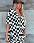 Black Checkerboard Print V Neck Loose Tee and Shorts Lounge Set - Little Miss Vanilla