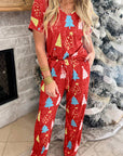 Red Christmas Tree Print V Neck Tee and Pants Lounge Set - Little Miss Vanilla