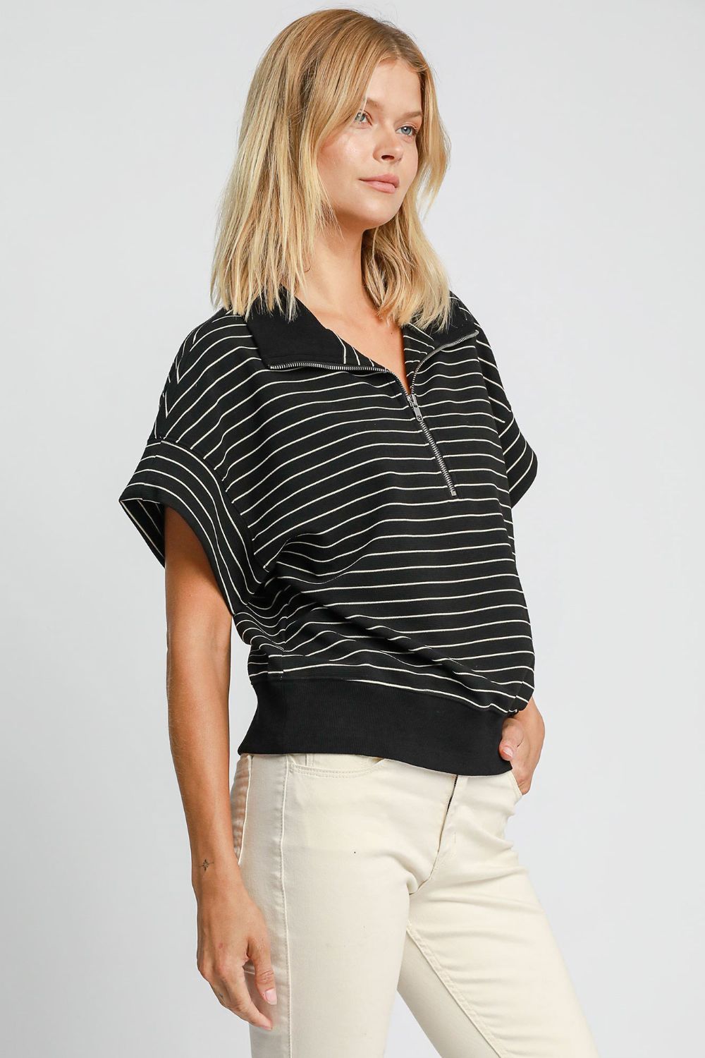 Umgee Striped Half Zip Short Sleeve Sweatshirt - Little Miss Vanilla