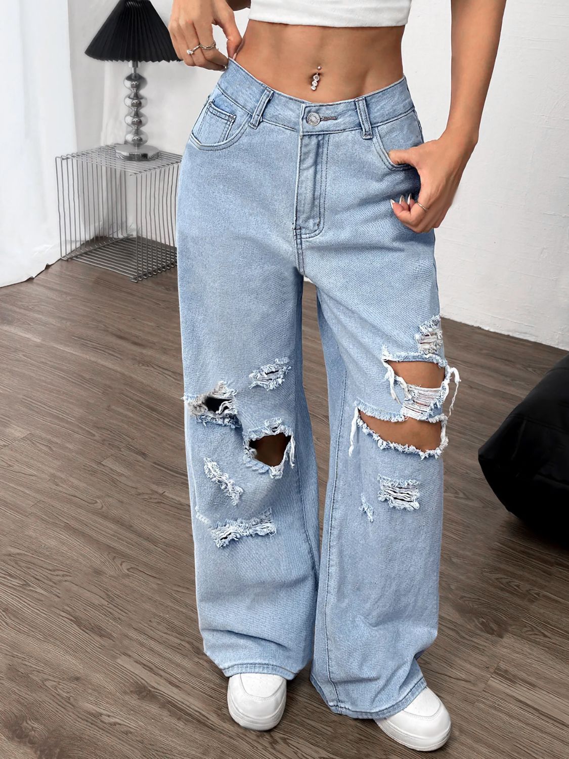 Distressed Wide Leg Jeans with Pockets - Little Miss Vanilla